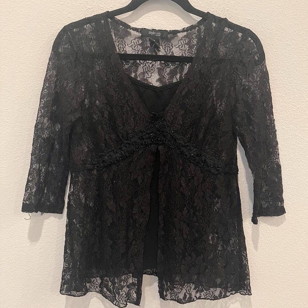 Style Co Y2K 3/4Sleeve Blouse Black Sheer  Lace Floral Whimsigoth Dark Sz M